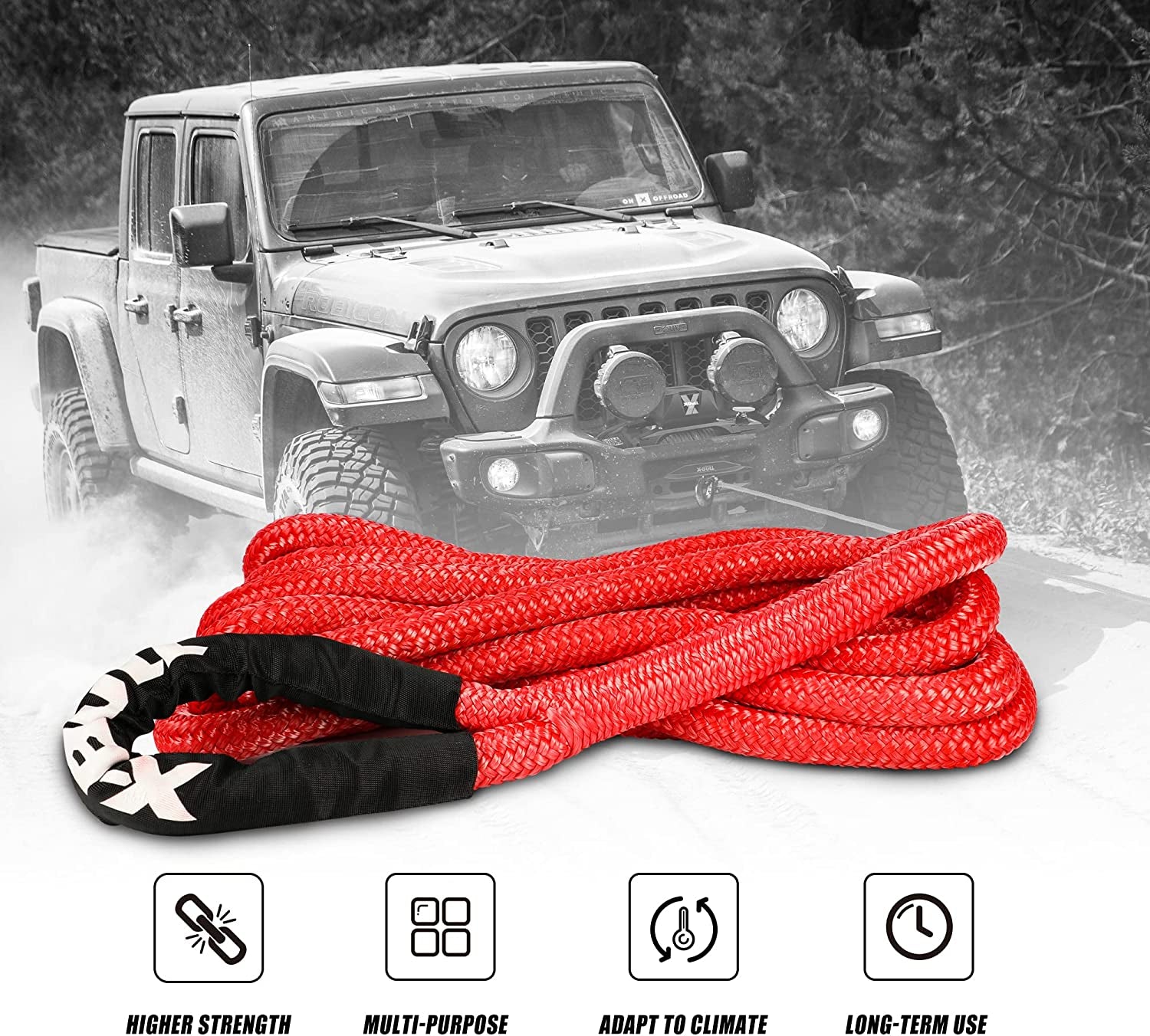 JUVENED 3/4" X 20' Kinetic Recovery Tow Rope (27,500Lbs) Red Heavy-Duty Power Stretch Snatch Rope for Car Offroad Vehicle 4X4 4WD ATV UTV SUV