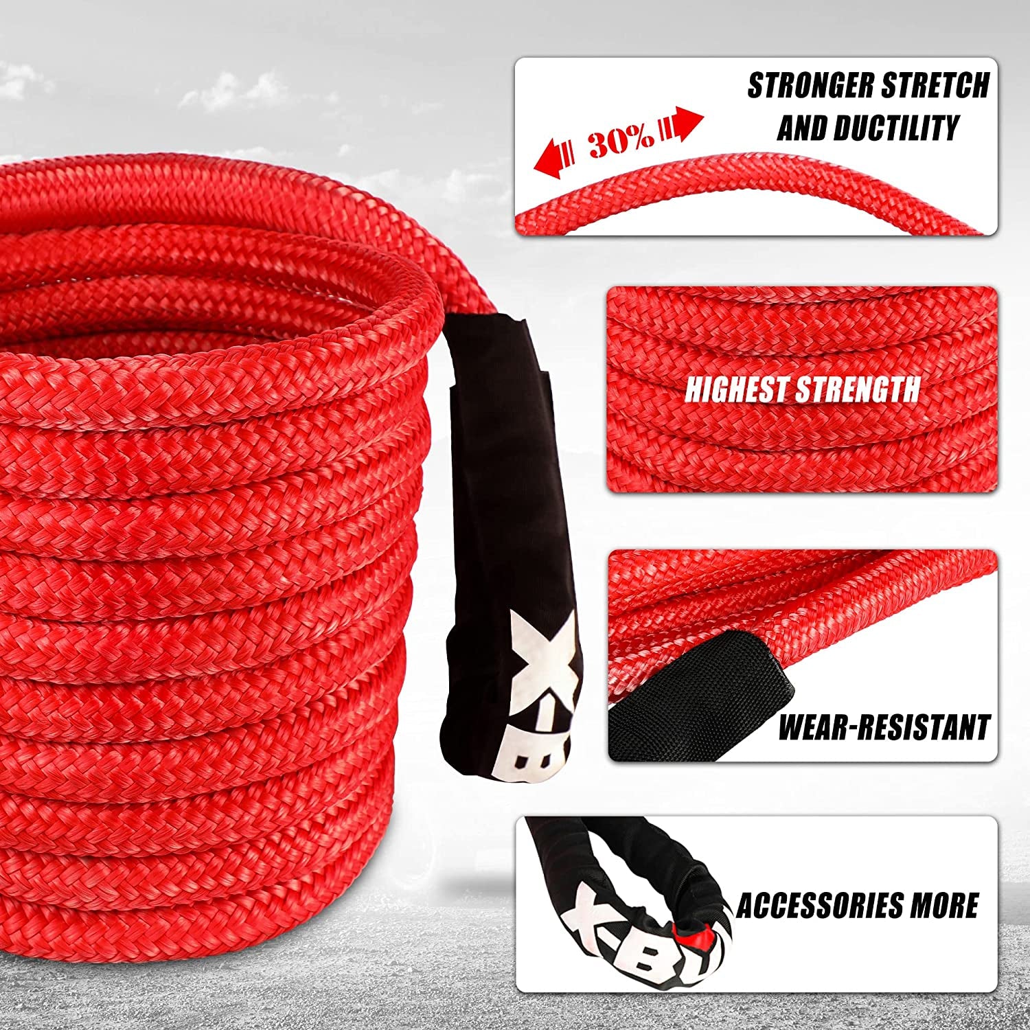 JUVENED 3/4" X 20' Kinetic Recovery Tow Rope (27,500Lbs) Red Heavy-Duty Power Stretch Snatch Rope for Car Offroad Vehicle 4X4 4WD ATV UTV SUV