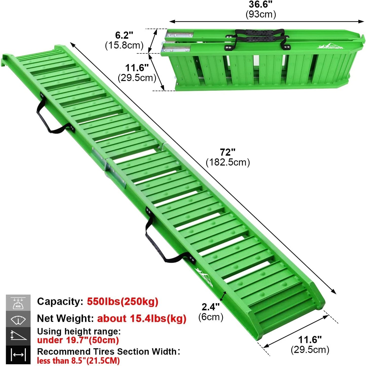 Car Ramps with 72 Inch L × 11.6 Inch W Aluminum Loading Ramp, Foldable, 550 Lbs Capacity, for ATV, Motorcycle, Truck, Pack of 1 (Green)