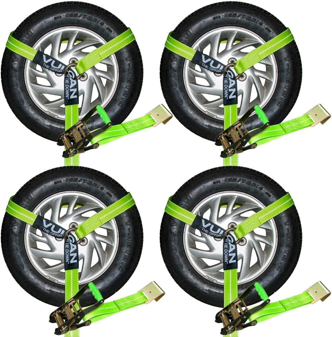 Car Tie down with Flat Hooks - Lasso Style - 2 Inch X 96 Inch - 4 Pack - High-Viz - 3,300 Pound Safe Working Load