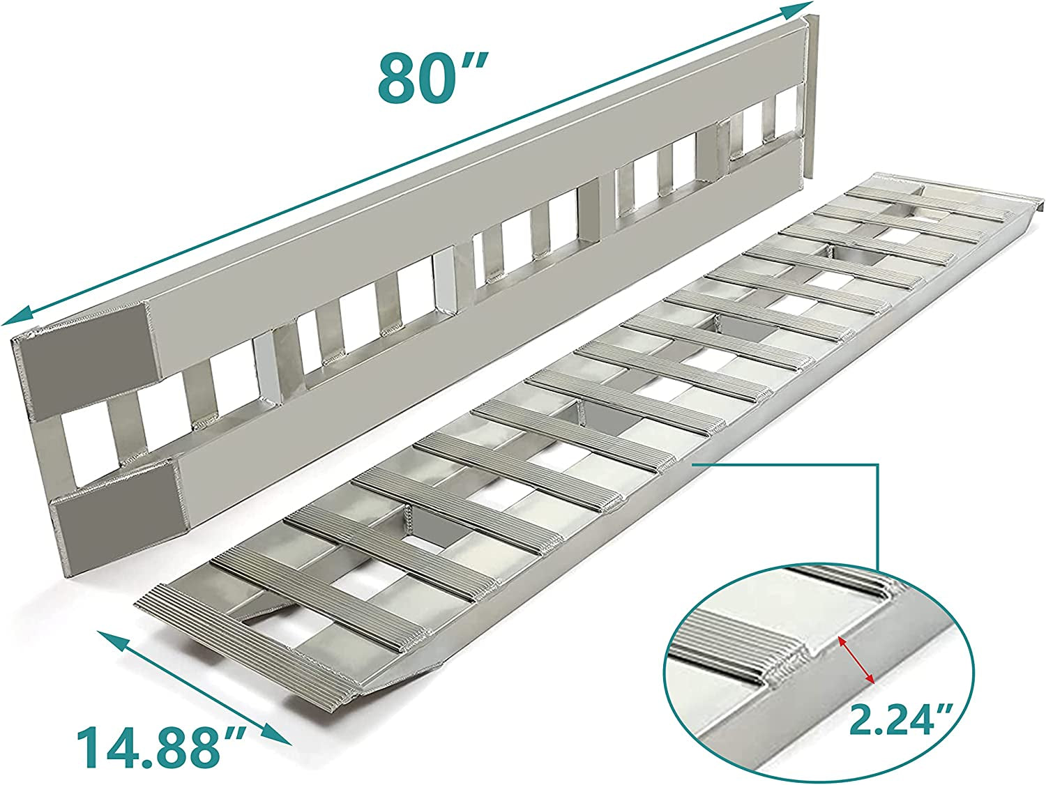 HECASA 80" X 15" X 2.3" Ramps Aluminum 6000 LBS Silver Truck Trailer Hook End Knife Foot 1 Pair 2 Ramps