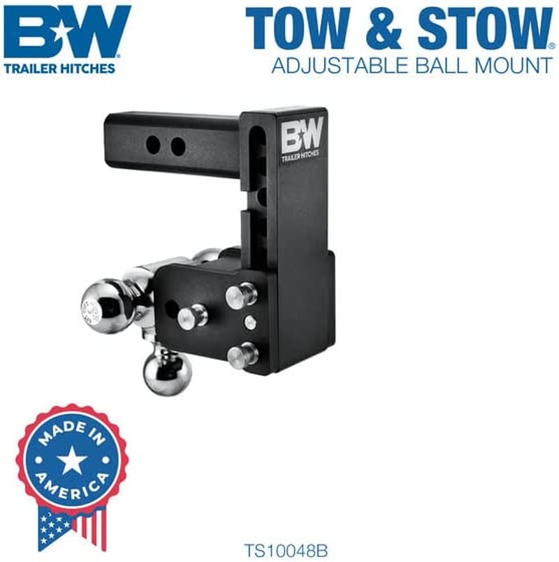Tow & Stow Adjustable Trailer Hitch Ball Mount - Fits 2" Receiver, Tri-Ball (1-7/8" X 2" X 2-5/16"), 5" Drop, 10,000 GTW - TS10048B