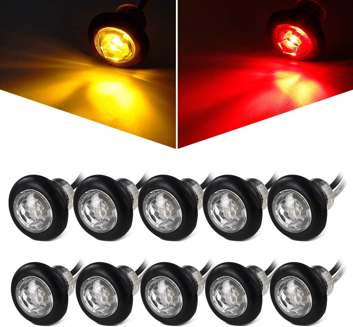 10Pcs 3/4" Inch Mini round Trailer LED Clearance and Side Marker Lights Clear Lens Grommet Mount W Bullet Plugs Sealed 3/4" Led Marker Lights for Pickup Trucks Waterproof 12V (5Amber + 5Red)