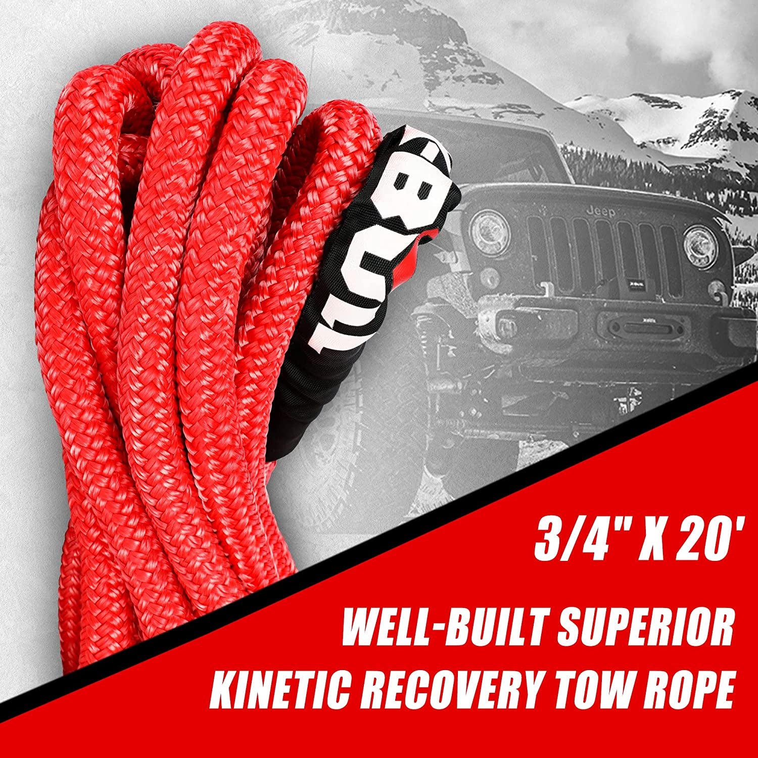 JUVENED 3/4" X 20' Kinetic Recovery Tow Rope (27,500Lbs) Red Heavy-Duty Power Stretch Snatch Rope for Car Offroad Vehicle 4X4 4WD ATV UTV SUV